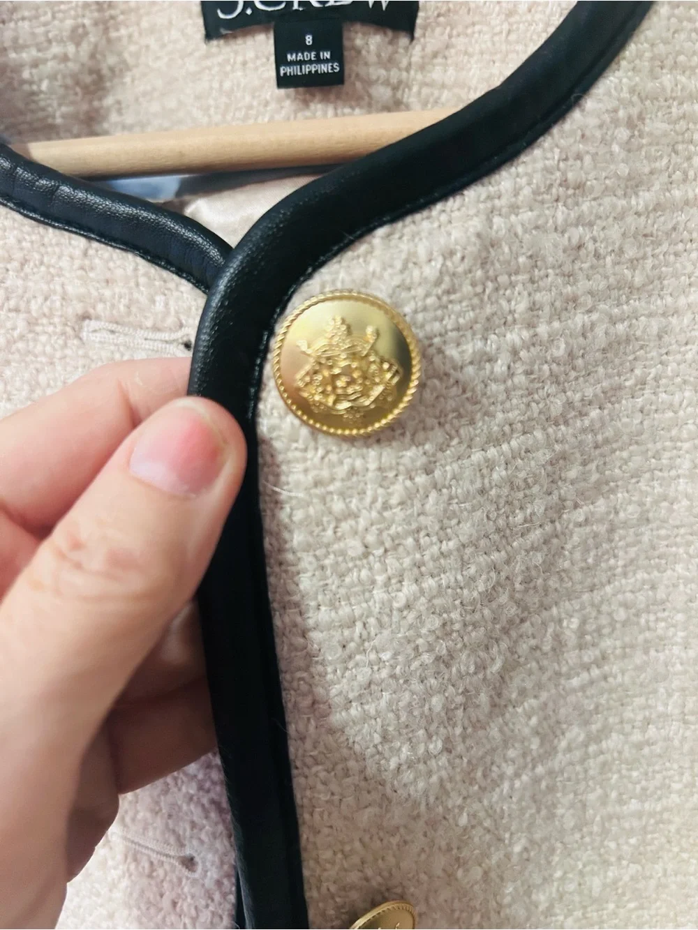J. Crew Cream Bouclé Jacket with Black Trim and Gold Buttons
